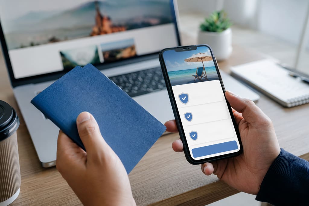Glowing indigo shield above a phone showing a digital insurance certificate, beside a passport and a map route into Ukraine