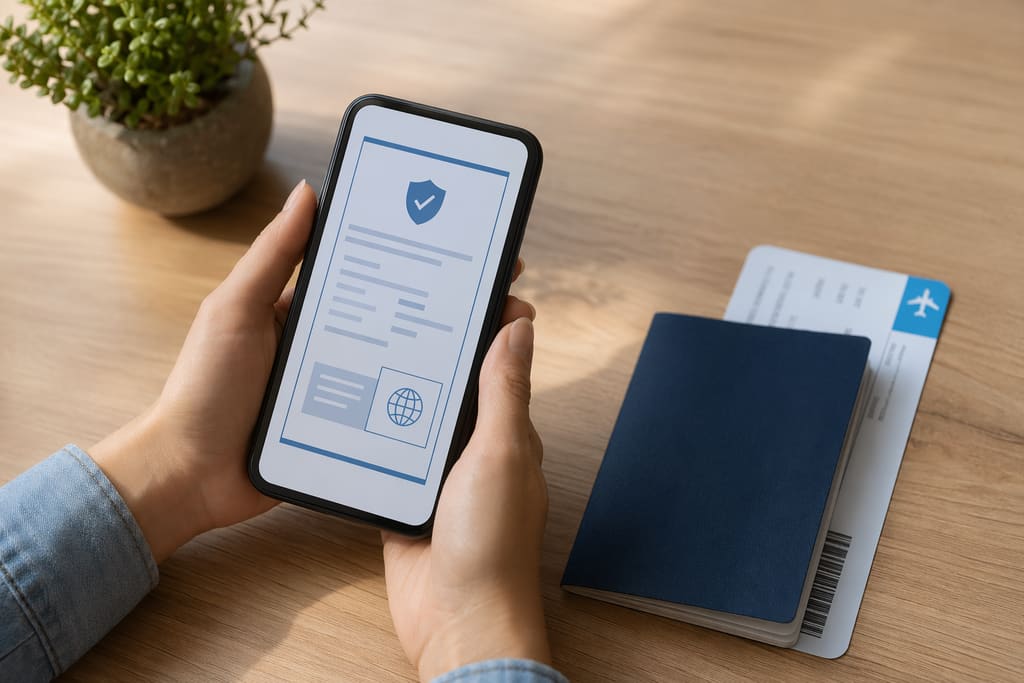 A phone displaying an insurance certificate PDF with a checkmark, beside a passport and boarding-pass style cards