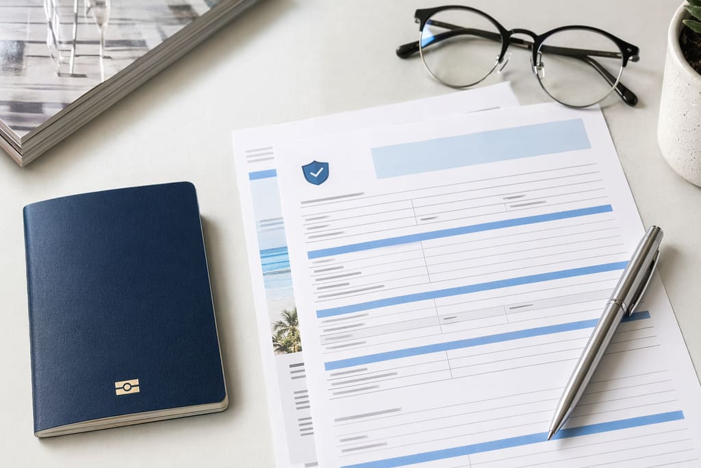 Flat-lay of a passport, a sealed travel insurance certificate and a ticked checklist on an indigo surface